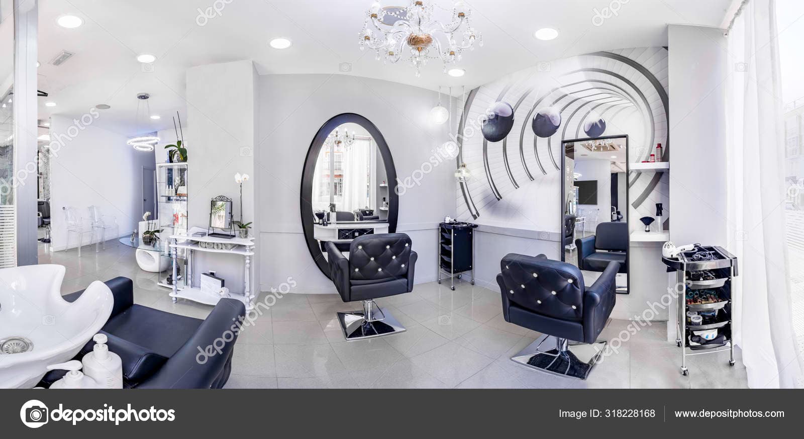 Panorama Modern Bright Beauty Salon Hair Salon Interior Business Black — Stock Photo © elroce #318228168